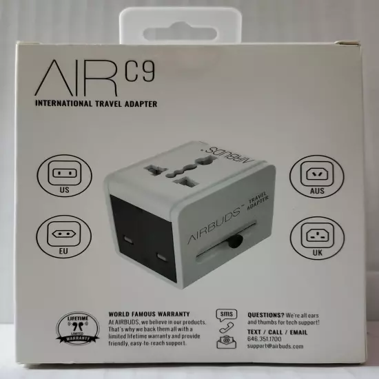 Air C9 International Travel Adaptor By Airbuds. 3 Ports Type C 2 USB