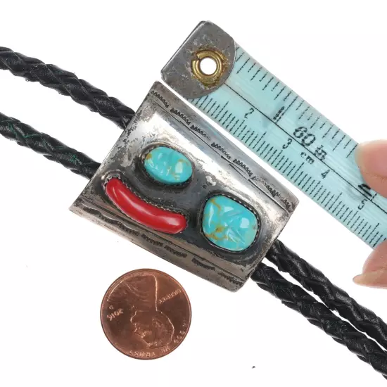 Vintage Zuni Carved turquoise and coral silver bolo tie