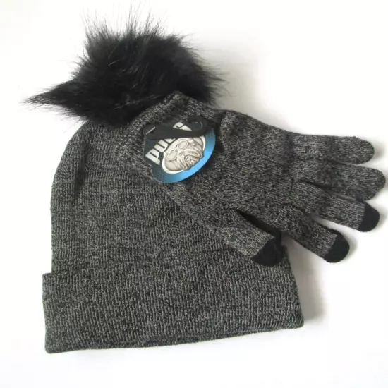 Pugs Knit Hat Glove Set Cuffed Beanie Pom BLACK One Size NWT