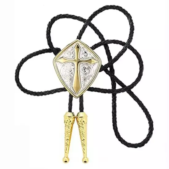 with Handmade Black Leather Cowboy Western Bolo Tie for Men Gold Cross Shield