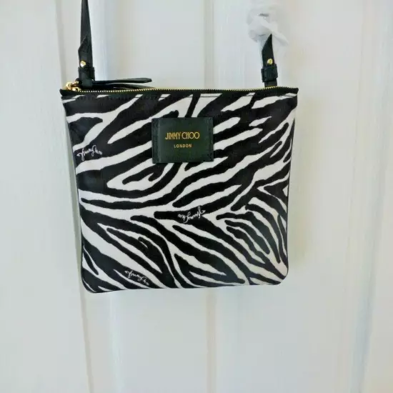 Jimmy Choo NWT Candice Double Pouch Nylon Zebra Logo Print Crossbody Bag $535