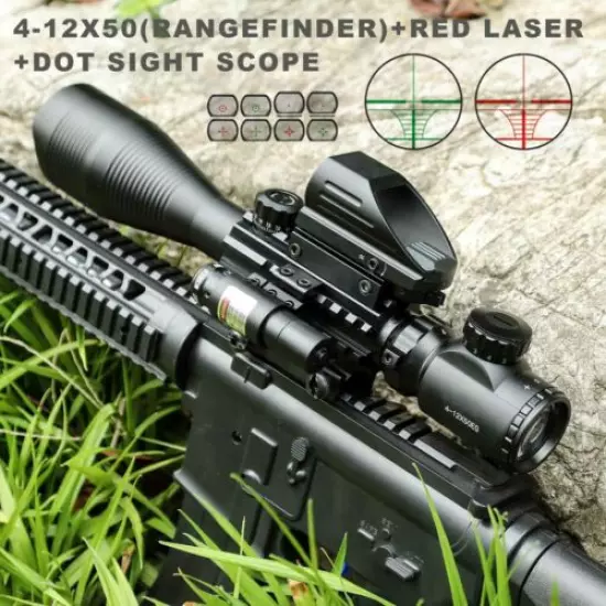 Pinty 4-12X50 Rangefinder Reticle Rifle Scope w/Red Laser Sight Reflex Dot Sight