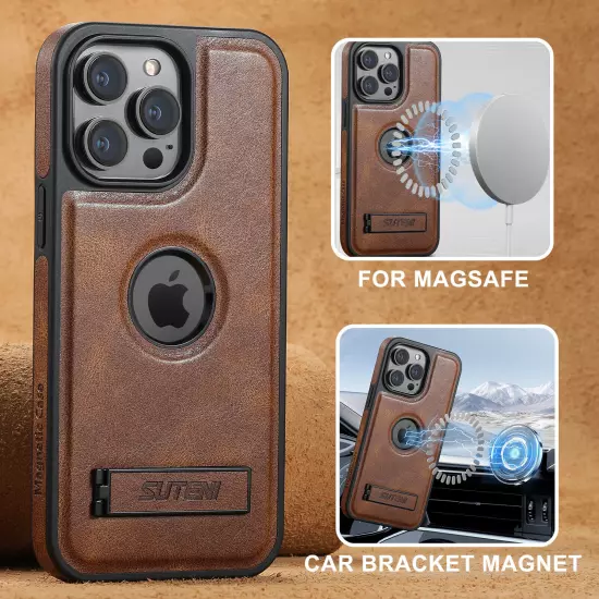 Fr iPhone 16 Pro Max/16+ Vintage PU Leather Shockproof Mag-Safe Stand Case Cover