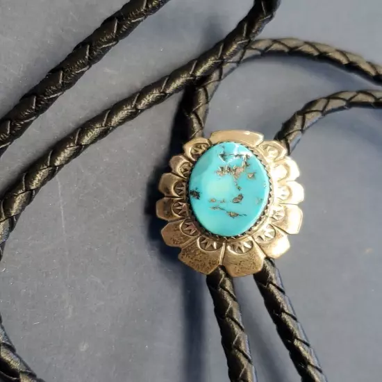 Native American Indian jewelry Bolo tie Turquoise Vintage Signed AB