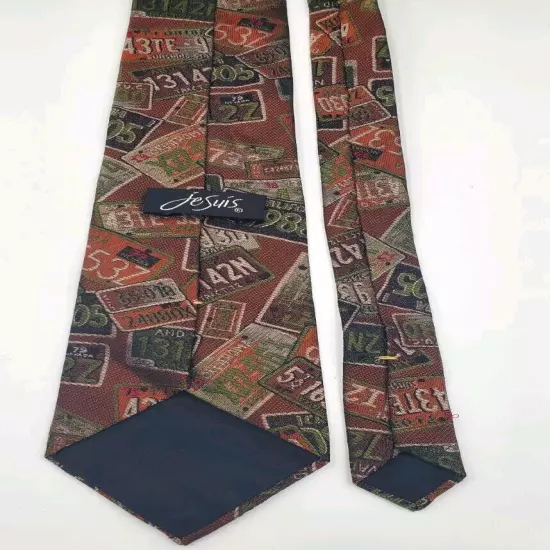 Je suis Vtg Mens Necktie Tie Brown License Plates All Over - 55"