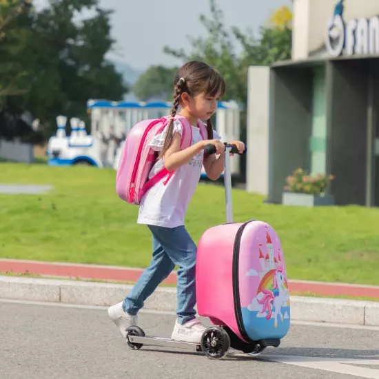 VLIVE Kids Ride on Suitcase Scooter Luggage with LED Lights and Unicorn Patterns