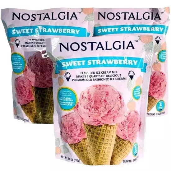 Lot of 3 Nostalgia Sweet STRAWBERRY Ice Cream Mix 8oz Packs New Sealed 