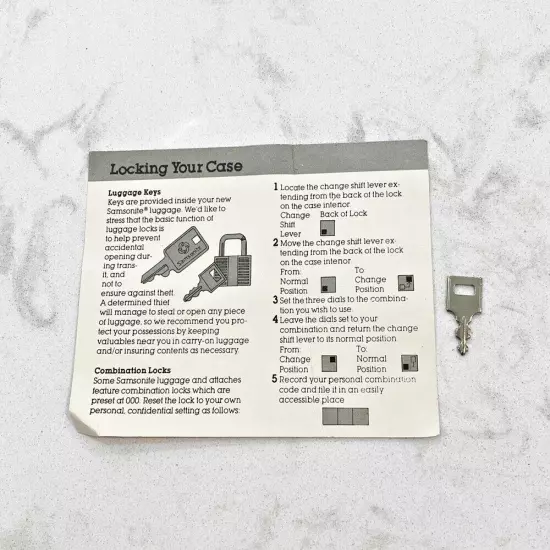 Vintage Samsonite Replacement Luggage Key w/Original Printed Info Card