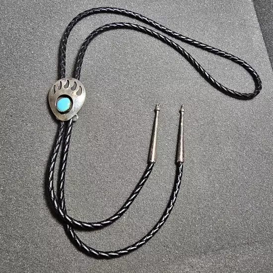 Vintage Navajo Southwest Style Sterling Silver Turquoise Bear Claw Bolo Tie 36in