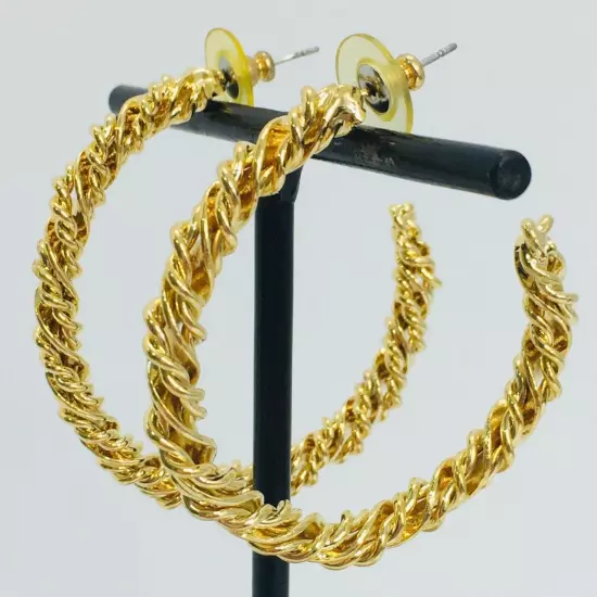 Gold Rope Cable Twist Hoop Earrings Pierced Big 2" Hoops