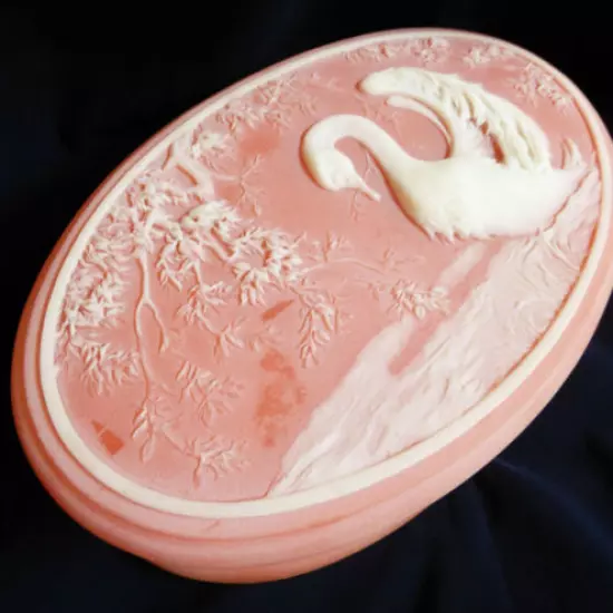 Design Gifts Stone Swan & Foliage Scene Cameo White on Peach Oval Trinket Box