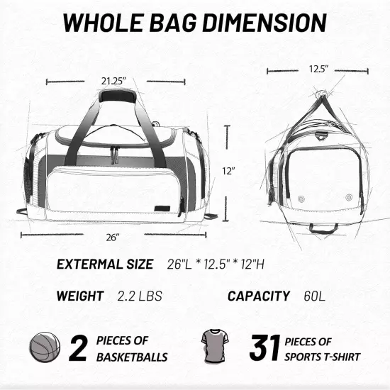 Large Duffel Bag Men'S Gym Bag with Shoe Compartment, 60L