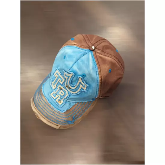 Rare TRUE RELIGION Horseshoe Baseball Cap Hat Distressed Vtg Blue Brown 