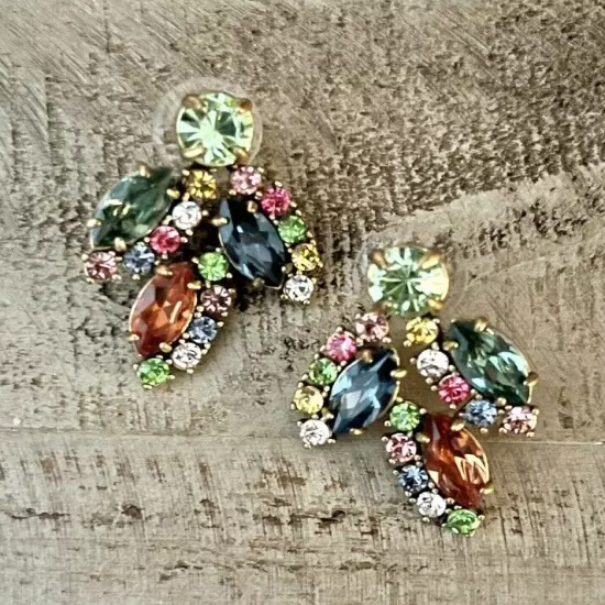 J Crew Crystal Leaf Multicolor Crystal Cluster Stud Statement Earrings