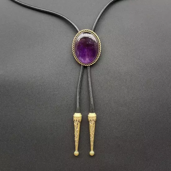 Natural Amethyst Stone Mens Bolo Tie Cowboy Vintage Alloy Waxed Rope Wedding