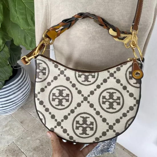 Tory Burch Ivory T Monogram Small Crescent Bag Shoulder Purse Crossbody $598