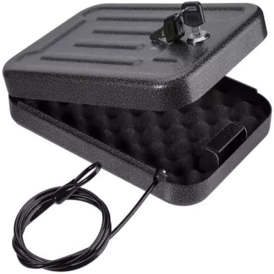 Pistol Gun Safe Box Metal Case Key Lock Security Cable Handgun Storage Home NEW 