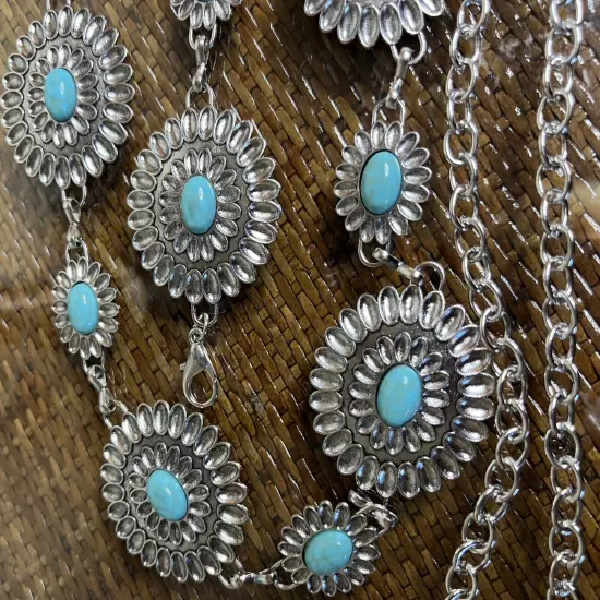 XXL 60” Long New Western Boho Turquoise, Floral Silver Concho Chain Belt