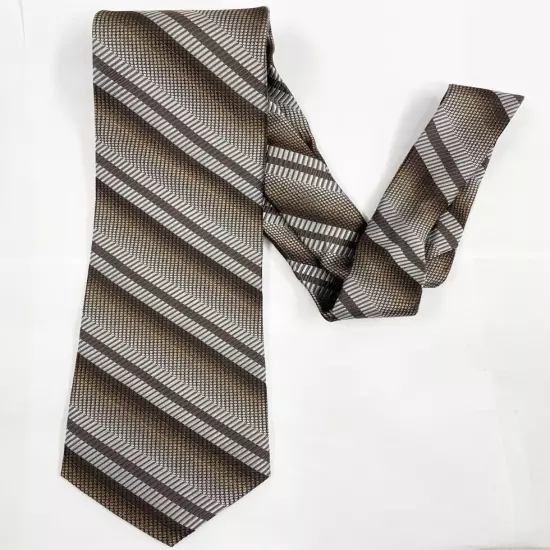 Joseph & Feiss Brown Silver Striped Regimental Repp Silk Tie 3.8" x 59"