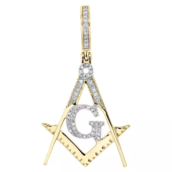 10K Yellow Gold Diamond Freemason Masonic Square & Compass Pendant Charm 1/8 CT.