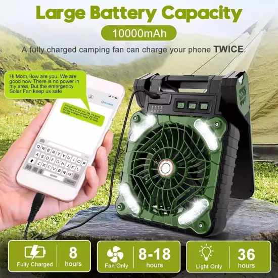 Portable Solar Powered Camping Fan USB Rechargeable Variable Speed w/ LED Light