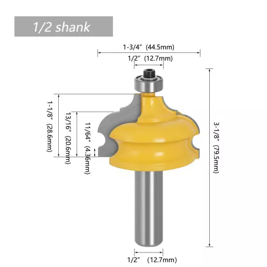 1/2in(12.7mm) 12mm Shank Classical and Bead Molding and Edging Router Bit 44.5mm