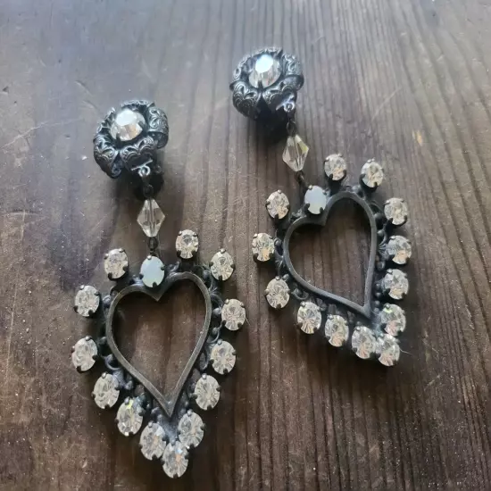 Vintage Konplott By Miranda KO Earrings Dangle Hearts Antique Bronze Rhinestones