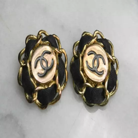 Vintage CHANEL Earrings Gold Tone & Black Leather Clips France Signed As Found