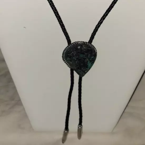  Vintage Natural Malachite and Azurite Ghostface Bolo Tie Silver Tone Tips 1970