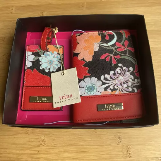 TRINA TURK Passport Cover Holder Luggage Tag Red Black Floral NIB