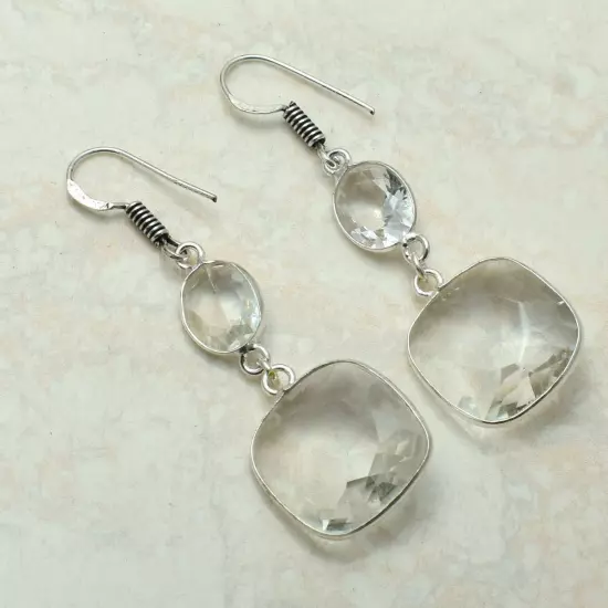 White Topaz Gemstone Handmade Drop Dangle Earrings Jewelry 2" AE-56638