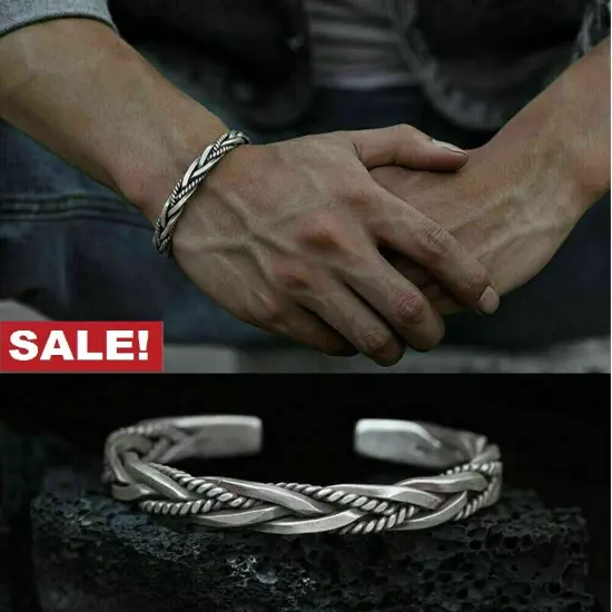 Men Thai Handmade Vintage Open Bangle Twisted Cuff Bracelet 925 Sterling Silver