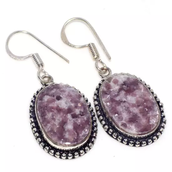 Lepidolite 925 Silver Plated Gemstone Handmade Earrings 1.8" Gift Jewelry MJ