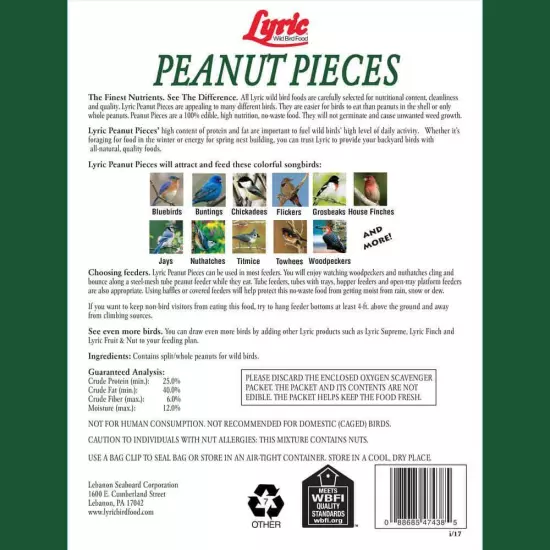 Lyric Peanut Pieces Wild Bird Food 15 lbs High-Protein and High-Fat Content