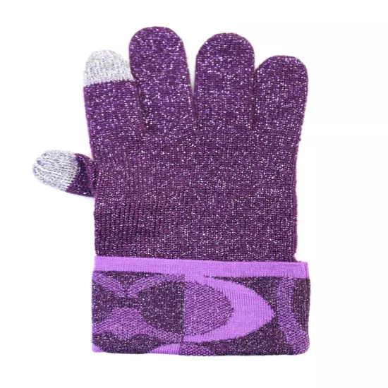 Coach Women's Metallic Glitter Logo Wool Blend Gloves Purple One Size