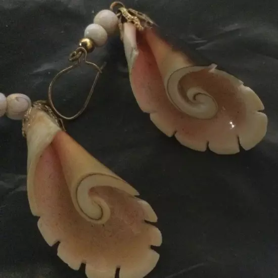 White Cone Shell Dangle Earrings Hawaii Pierced Gold Wire