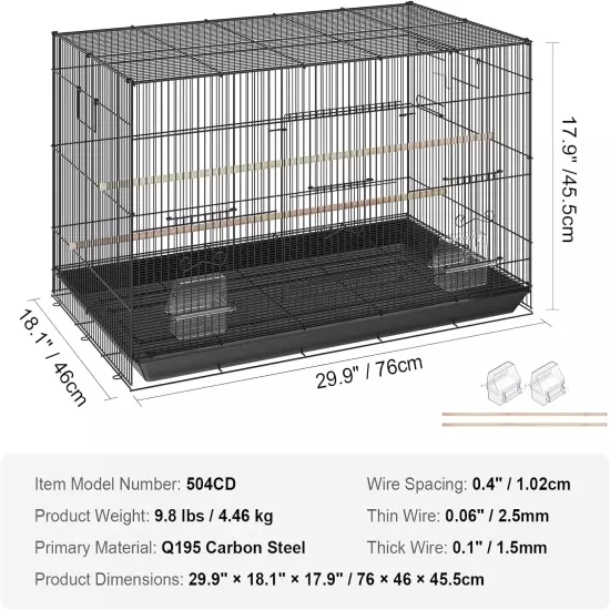 30" Flight Bird Cage Stackable Parakeet Slide-Out Tray Handle Small Parrots