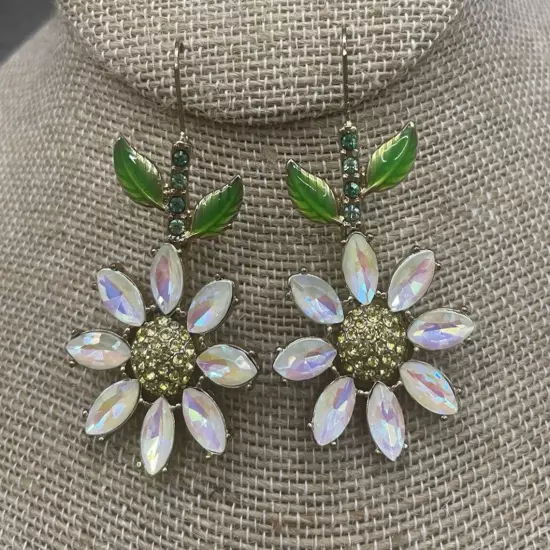 Betsey Johnson Daisy Flower with Green Leaves & Clear Crystal Earrings