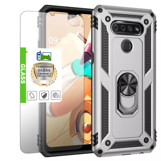 For LG K51 Q51 Reflect Case Shockproof Ring Stand Phone Cover w/ Tempered Glass