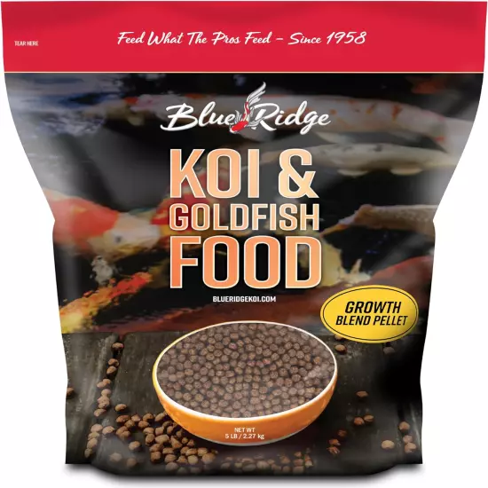 Blue Ridge Koi Fish Food 5lb - Koi Food 3/16” Large and Mini Blend Growth Food,