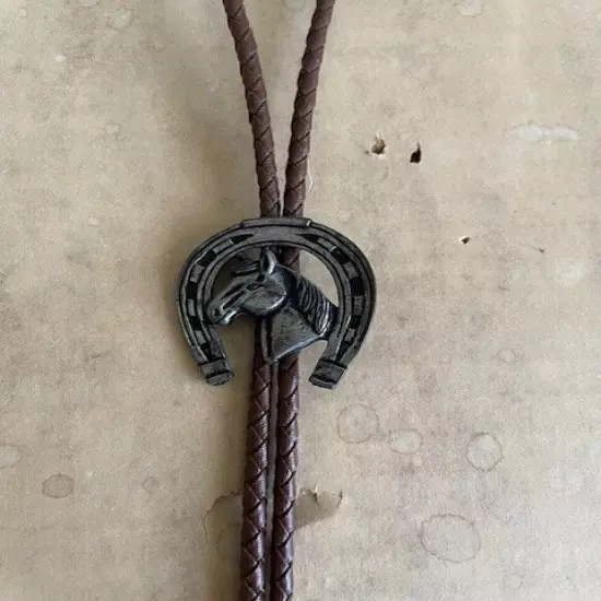 Vintage BOLO Tie - Horse Head and Shoe - silver tone brown leather