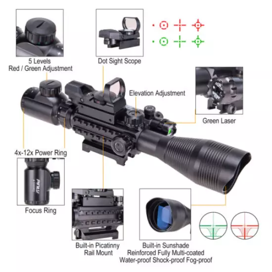 Pinty 4-12X50EG Tactical Rangefinder Reticle Rifle Scope Green Laser& Dot Sight