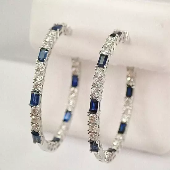 2 Ct Round Cut Lab Created Blue Sapphire Hoop Earrings In 14k White Gold Plated