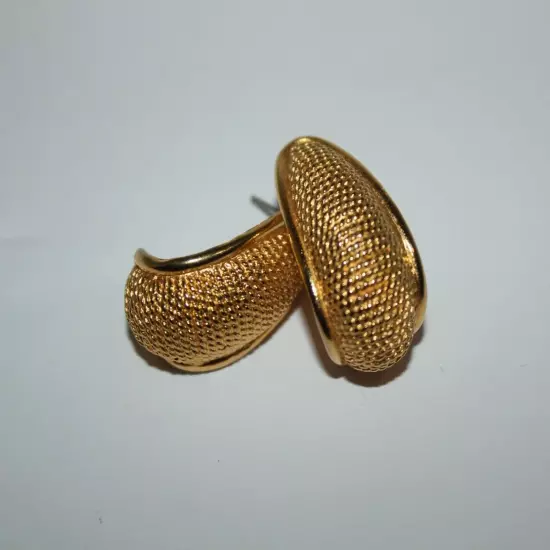 Vtg. AK Anne Klein Half Hoop Textured Gold Tone Pierced Earrings 1.25", Signed