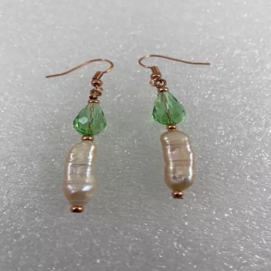 Handmade ~ Copper ~ AB Light Green Crystal and Pearl ~ 2 1/4" Drop Earrings