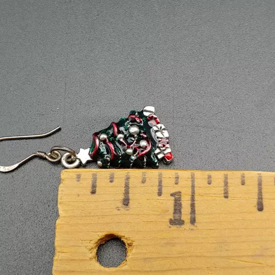 Enamel Christmas Tree Drop Earrings - Small Red Green Silver Tone Holiday Dangle