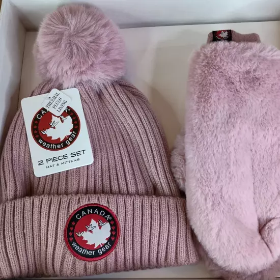 Canada Weather Gear Hat and Mittens Logo Pink Thermal Plush Lined Set NIB Winter