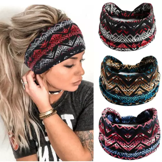 BOHO Wide Women Stretch Headband Turban Sport Yoga Knotted Hair Band Head Wrap N