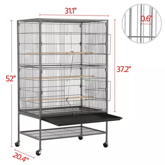 Metal 52" Large Rolling Bird Cage with 3 Perches and 4 Feeders, Black