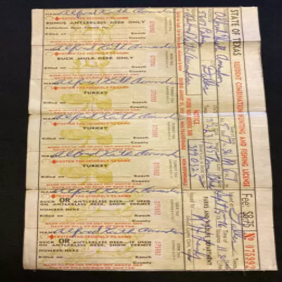 Vintage Original 1976 TEXAS Hunting & Fishing License w Migratory Bird Stamp